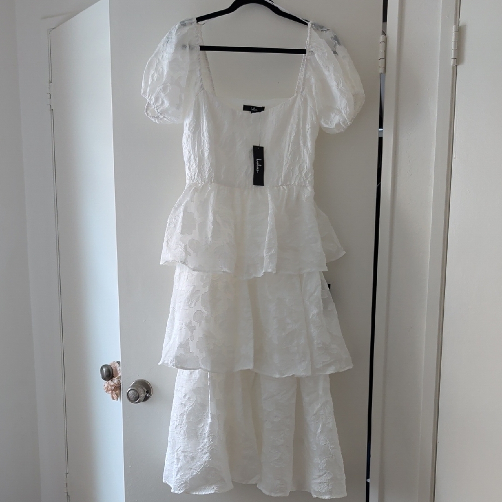 Lulu's White Tiered Puff Sleeve Maxi Dress with Square Neck